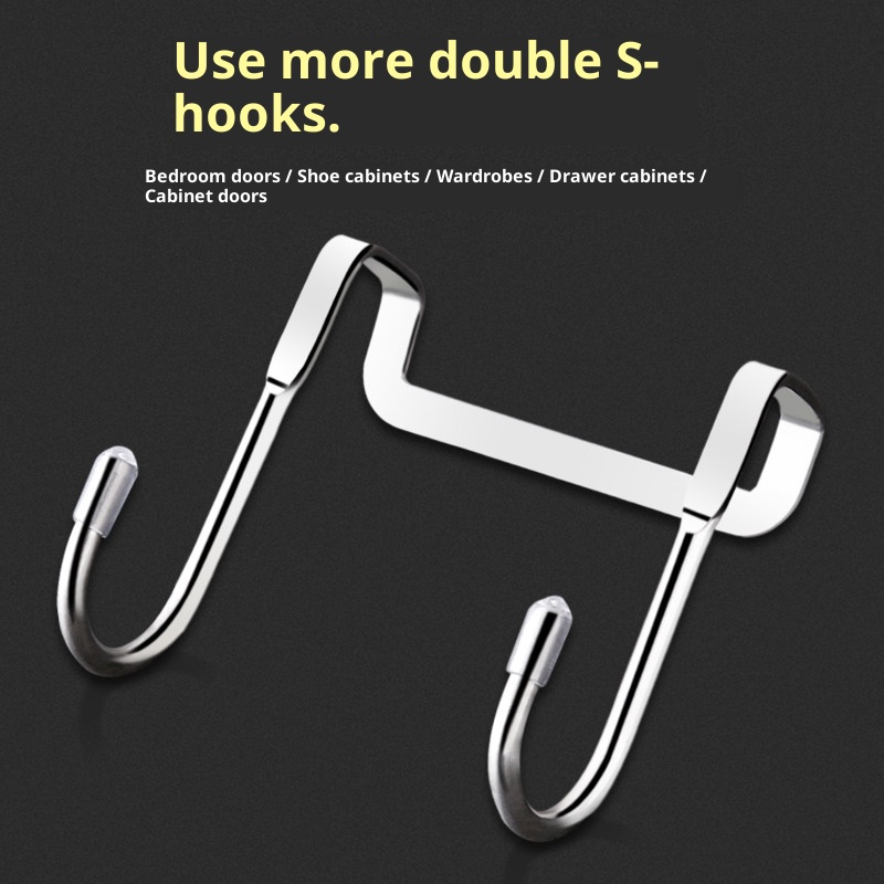 Drawer Organizer Peg - ステンレス製ドア掛けフック 穴あけ不要 ダブルS字フック シリコンチップハンガー キッチン バスルーム